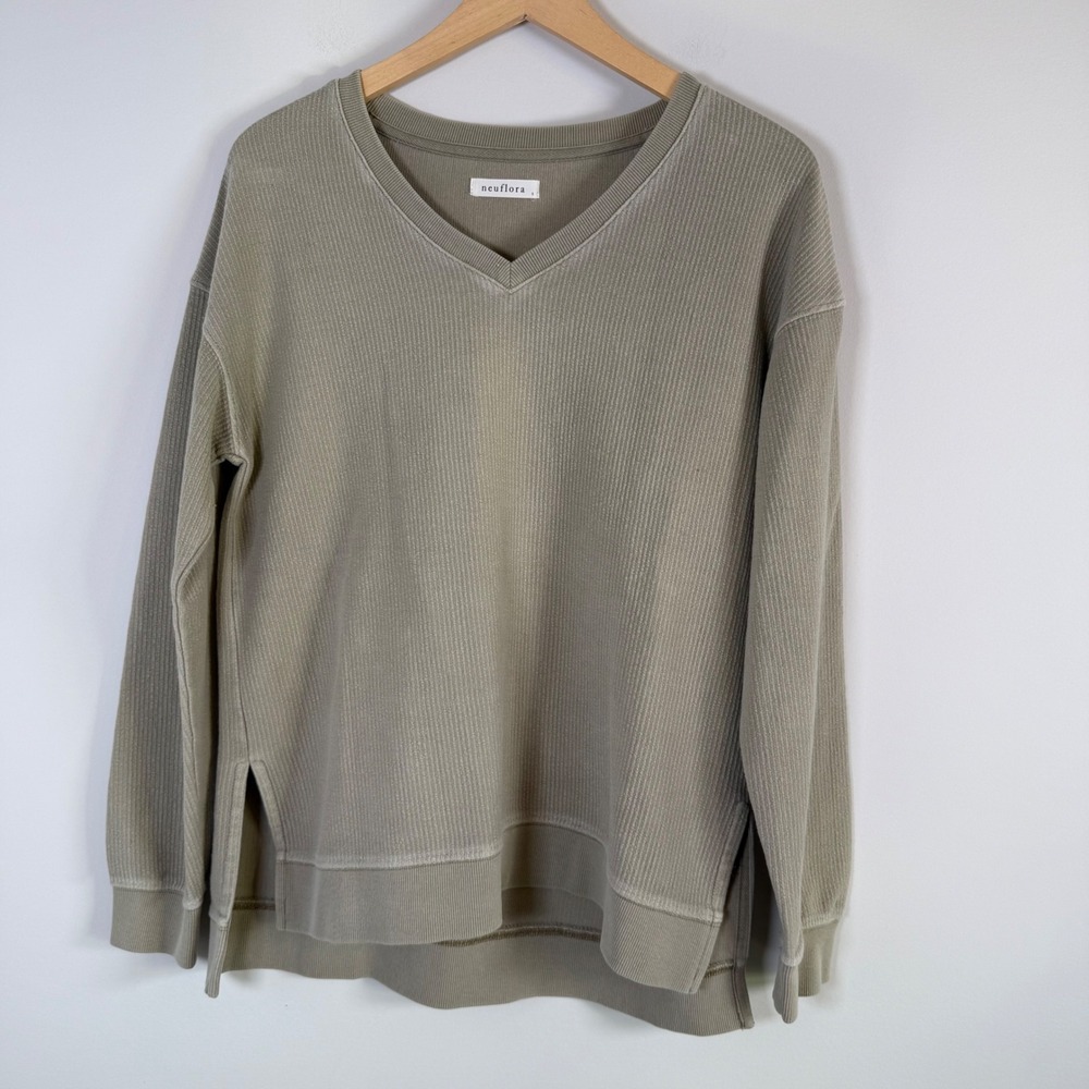 Neuflora Dune V-Neck Ribbed Pullover Sweatshirt Small Sage‎ Green Loungewear